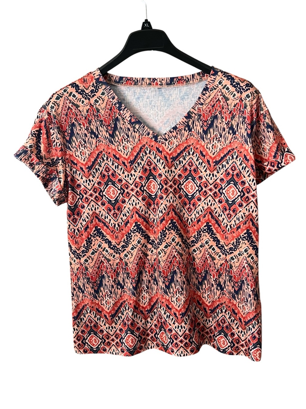Women's V-Neck Geometric Short Sleeve Top Size Large